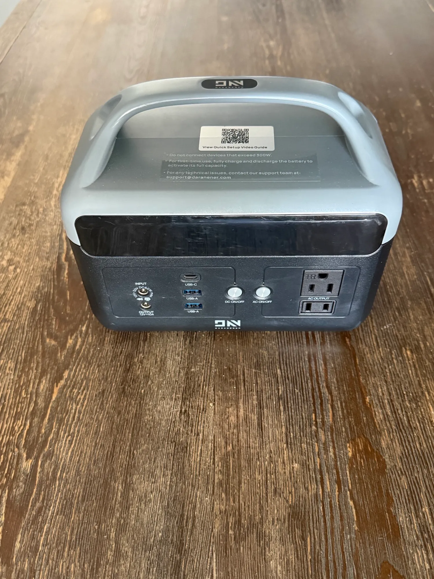 The port side of my Daranener power station, showing USB-C, two USB-A, DC, and a 120V AC outlet