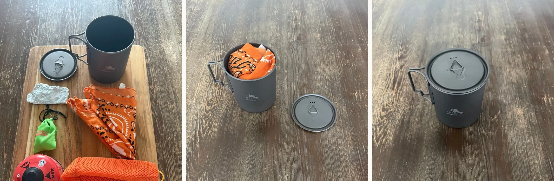 Everything laid out, then packed inside the TOAKS 750ml pot, then the pot closed with the lid on